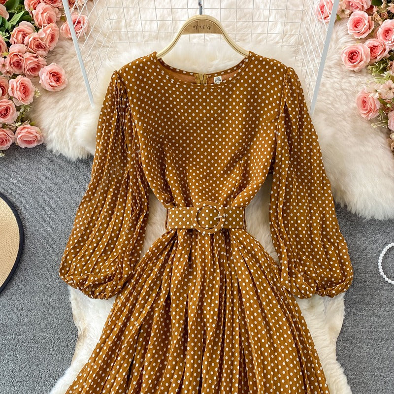 Vestido largo para mujer lunares cinturón estilo elegante - Colette