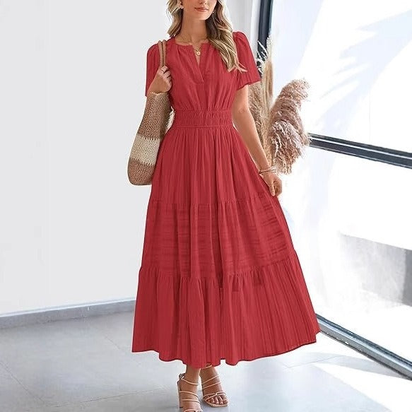 Vestido midi para mujer plisado manga corta estilo bohemio - Lorena