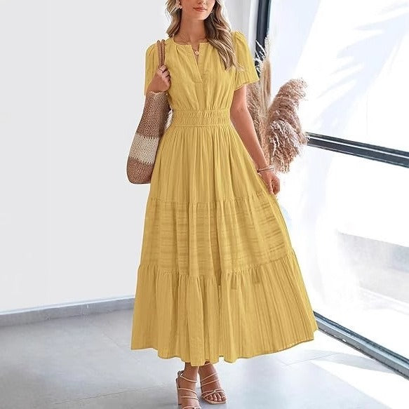 Vestido midi para mujer plisado manga corta estilo bohemio - Lorena