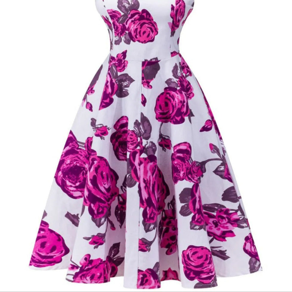 Vestido midi para mujer floral escote barco estilo acampanado - Brigitte