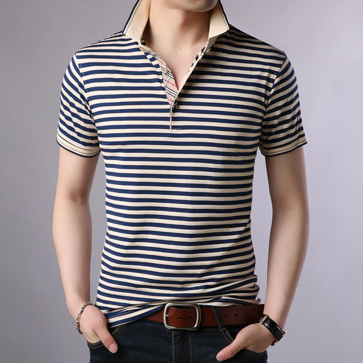 Camiseta polo para hombre de algodón a rayas con cuello abierto - Hugo