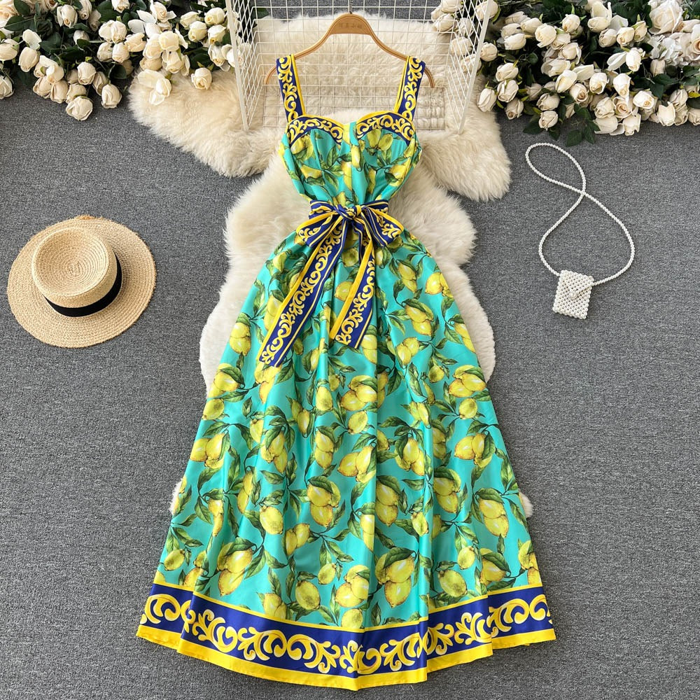 Vestido largo para mujer con estampado limones estilo vintage con lazo - Élodie