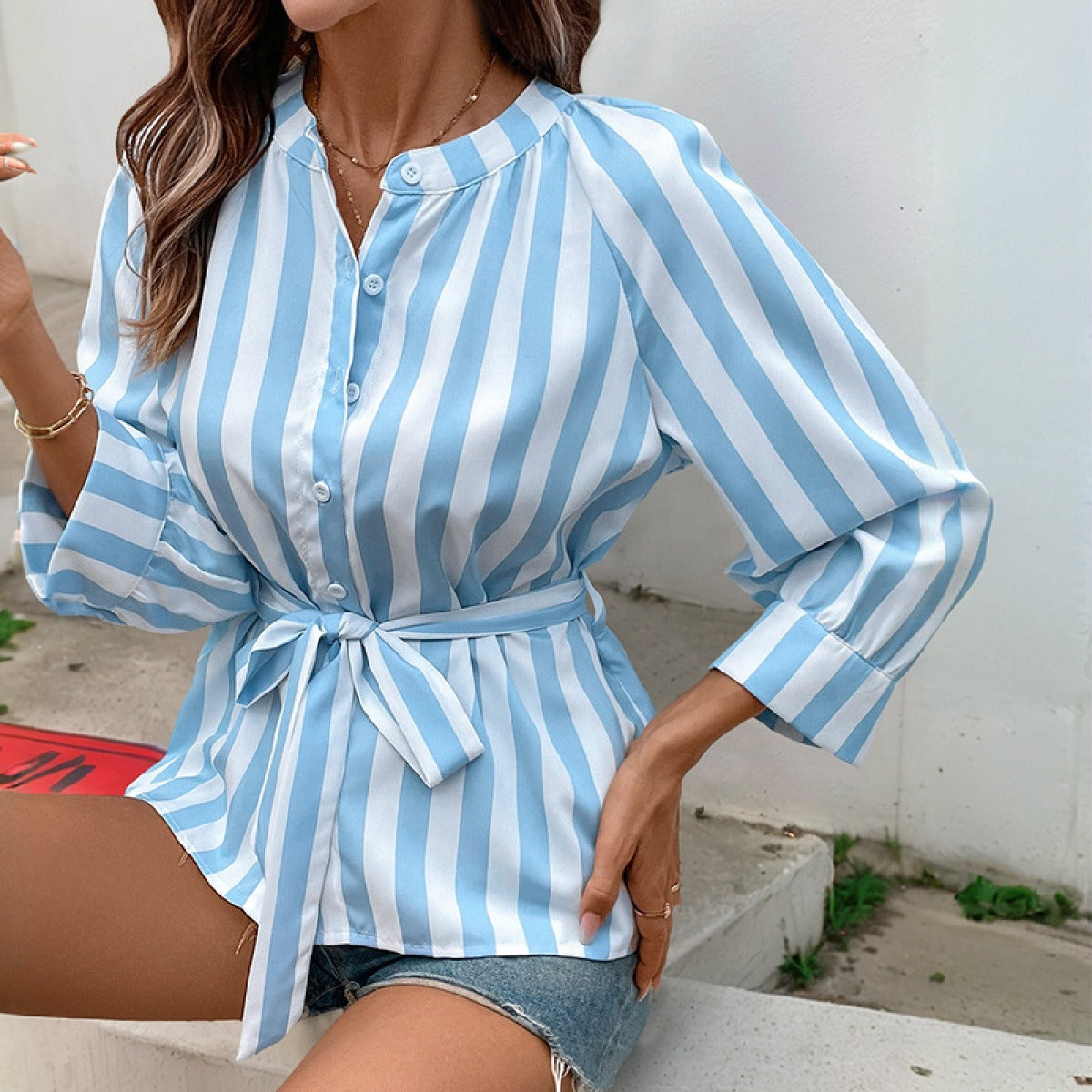 Blusa de manga larga para mujer rayas verticales con cinturón - Marieke