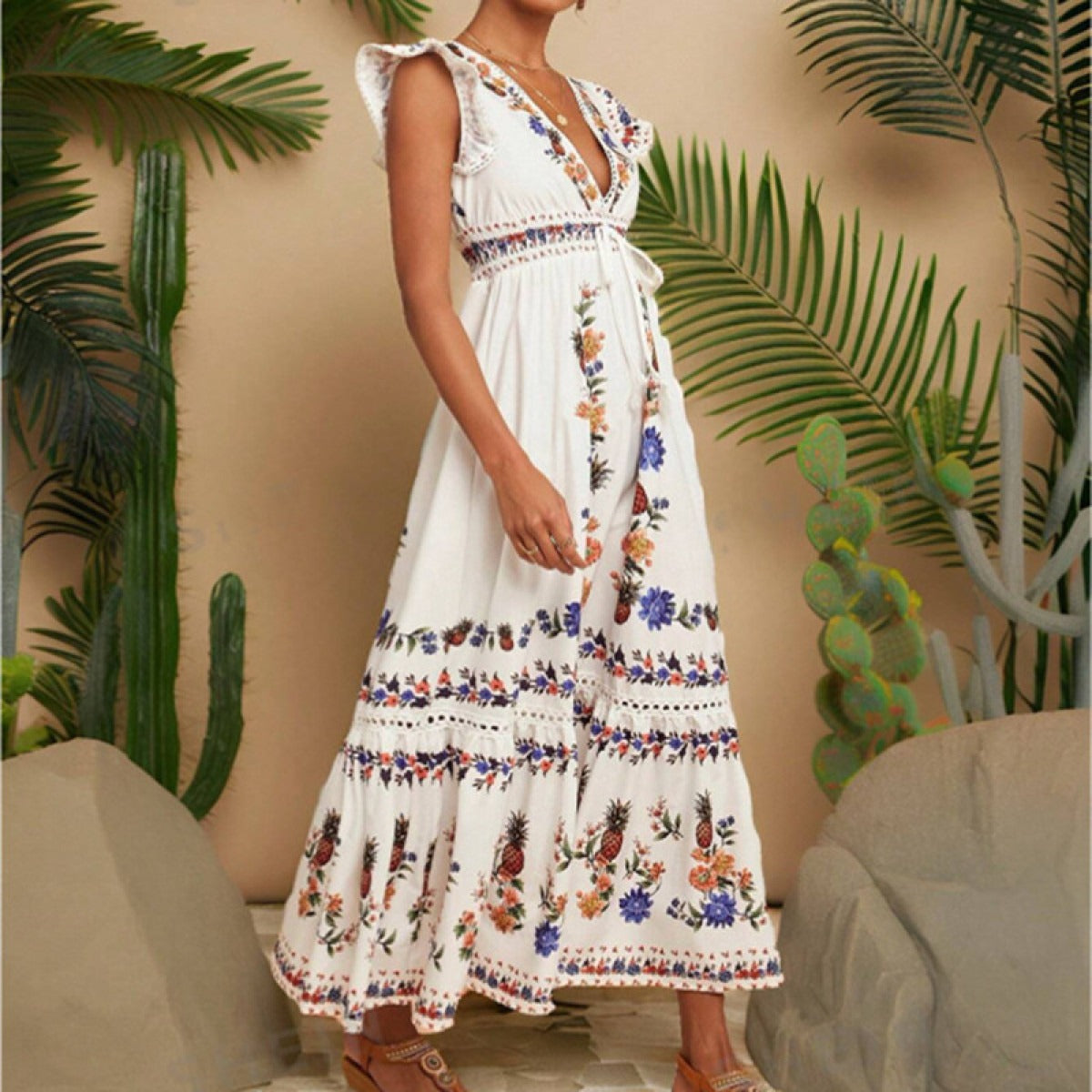 Vestido largo bordado bohemio mujer - Ameyal