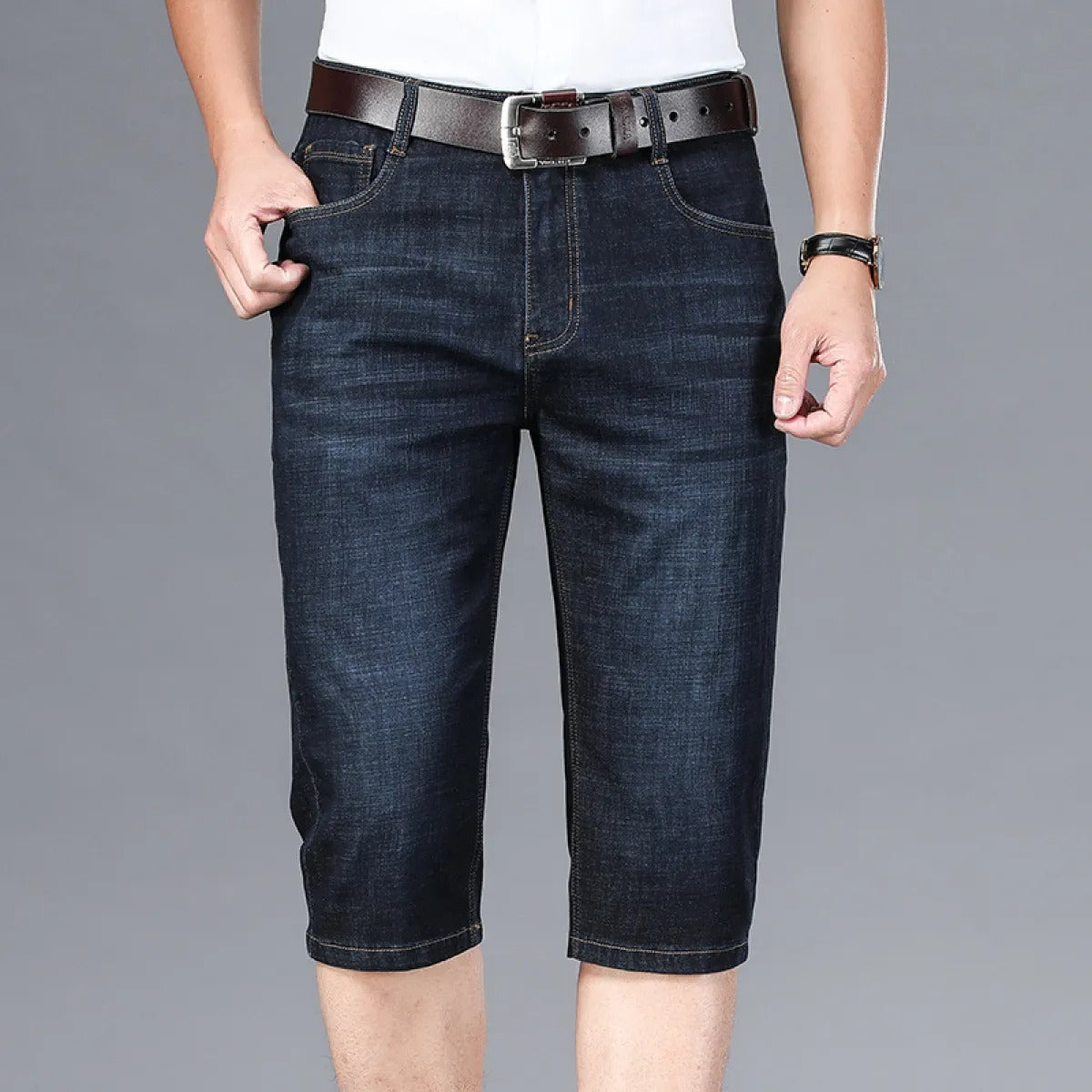 Bermudas para hombre de mezclilla elástica corte recto estilo casual - Raul