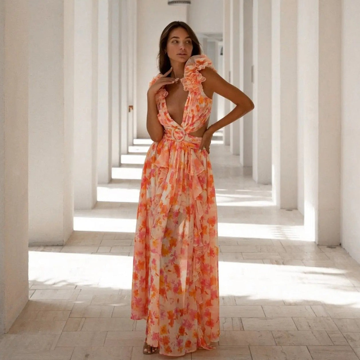 Vestido asimétrico para mujer de gasa floral volantes escote profundo - Mélodie