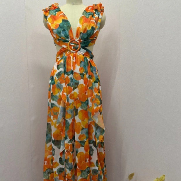 Vestido asimétrico para mujer de gasa floral volantes escote profundo - Mélodie