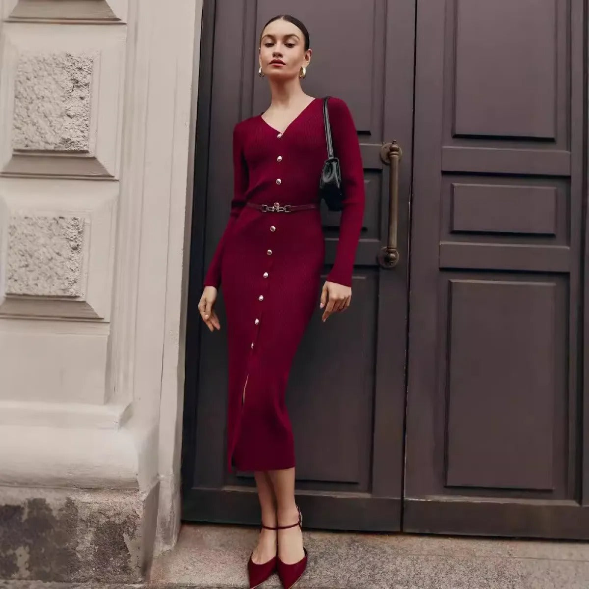 Vestido midi punto botones cinturón fino - Maelle