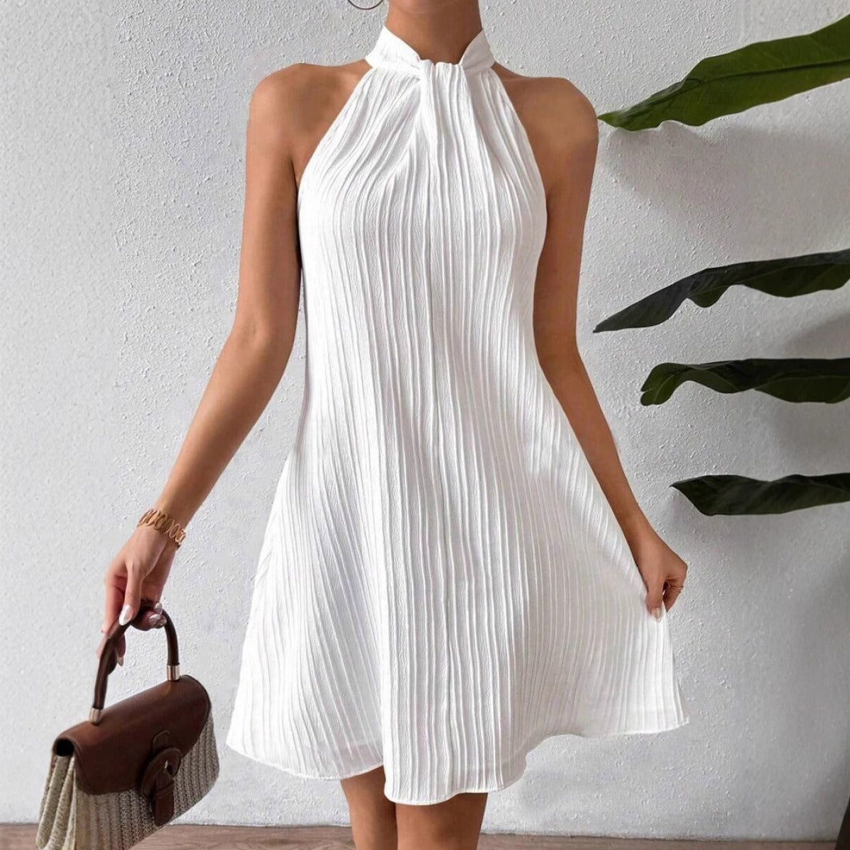 Vestido para mujer plisado de cuello halter cinturón - Eléa