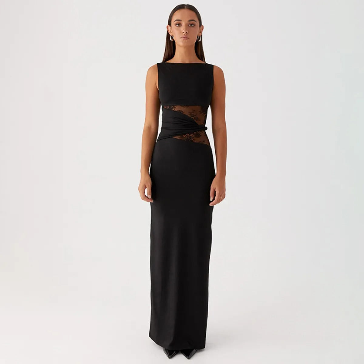 Vestido largo mujer sin mangas con encaje transparente - Leontina