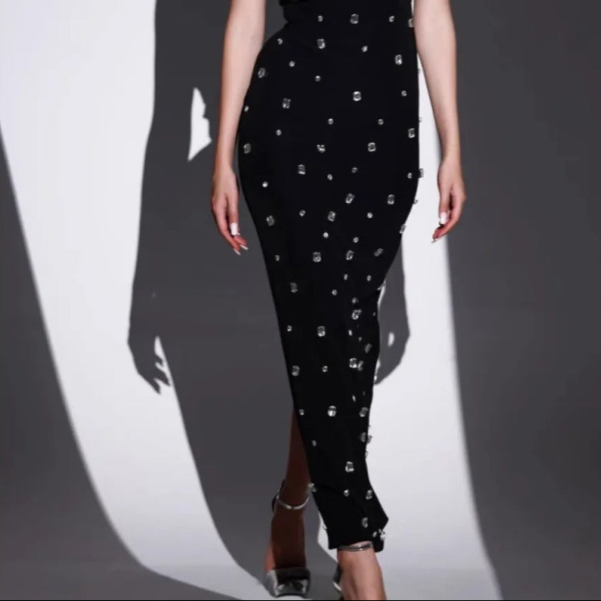 Vestido largo para mujer con pedrería escote asimétrico estilo elegante - Vianey