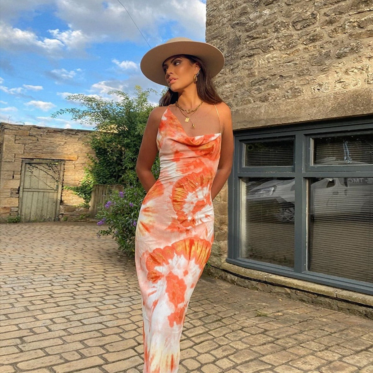 Vestido largo para mujer estampado tie-dye escote drapeado - Mariana