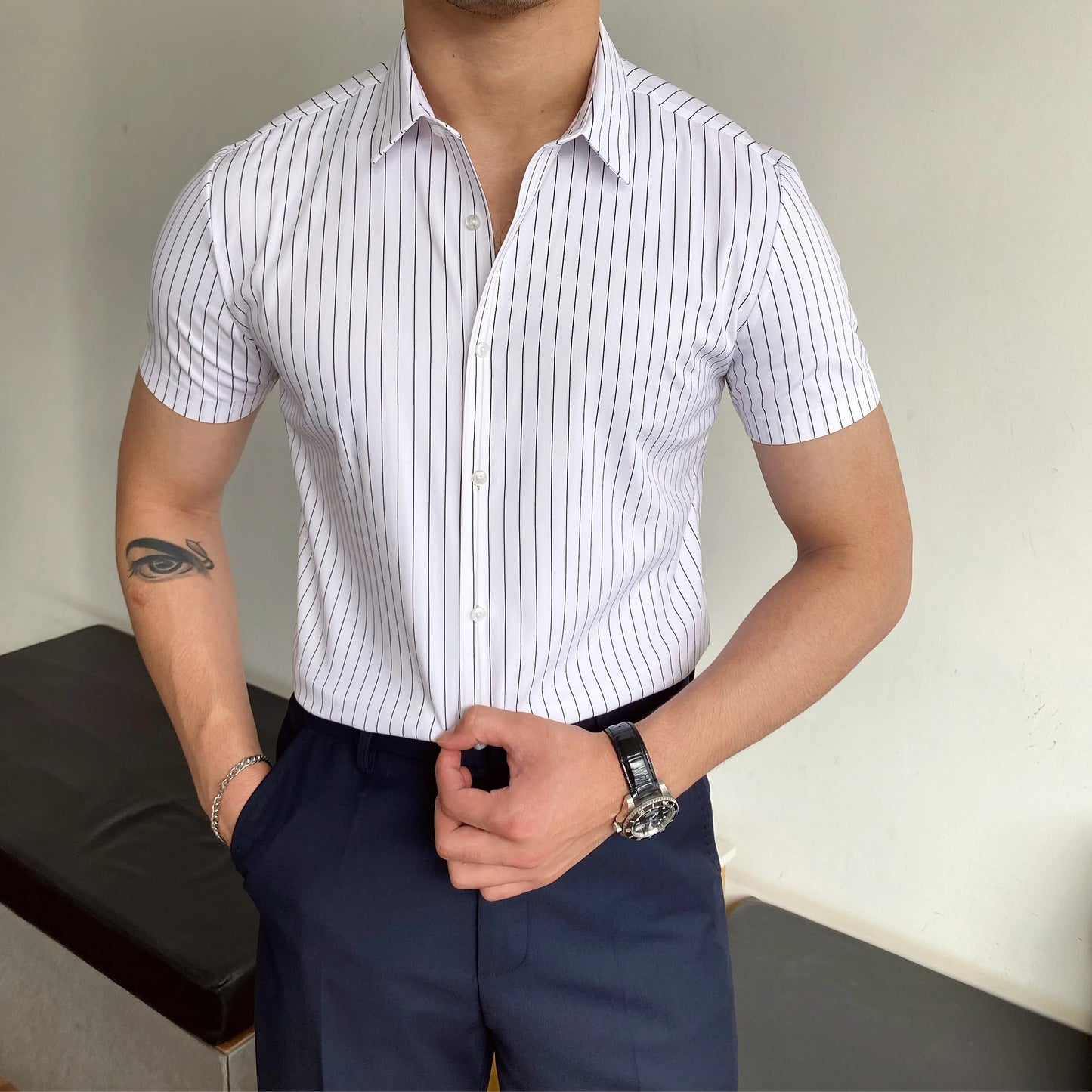 Camisa hombre manga corta rayas entallada formal - Isandro