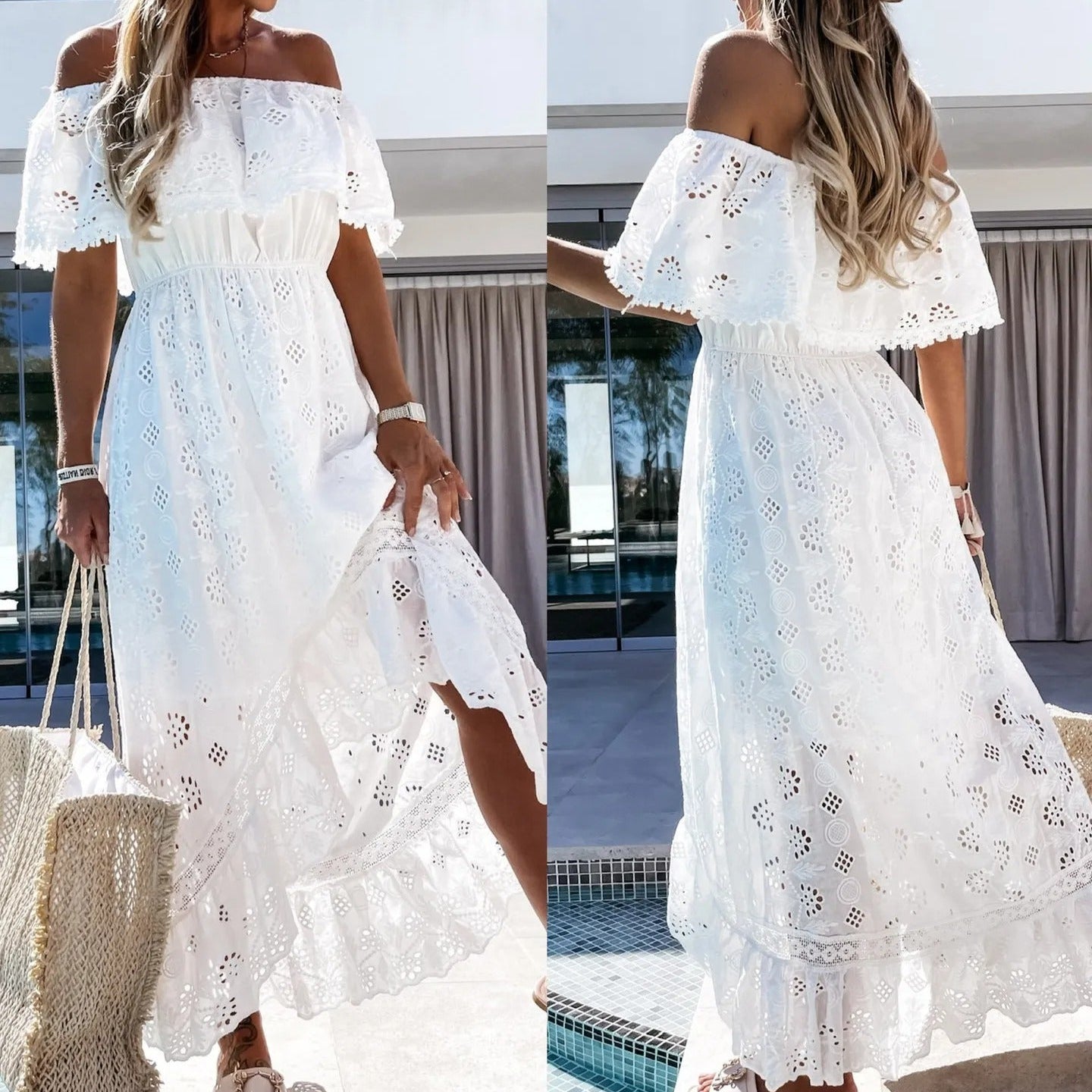 Vestido largo para mujer bordado calado escote barco - Julieta