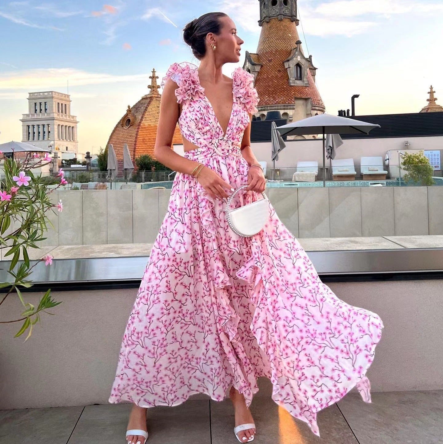 Vestido asimétrico para mujer de gasa floral volantes escote profundo - Mélodie