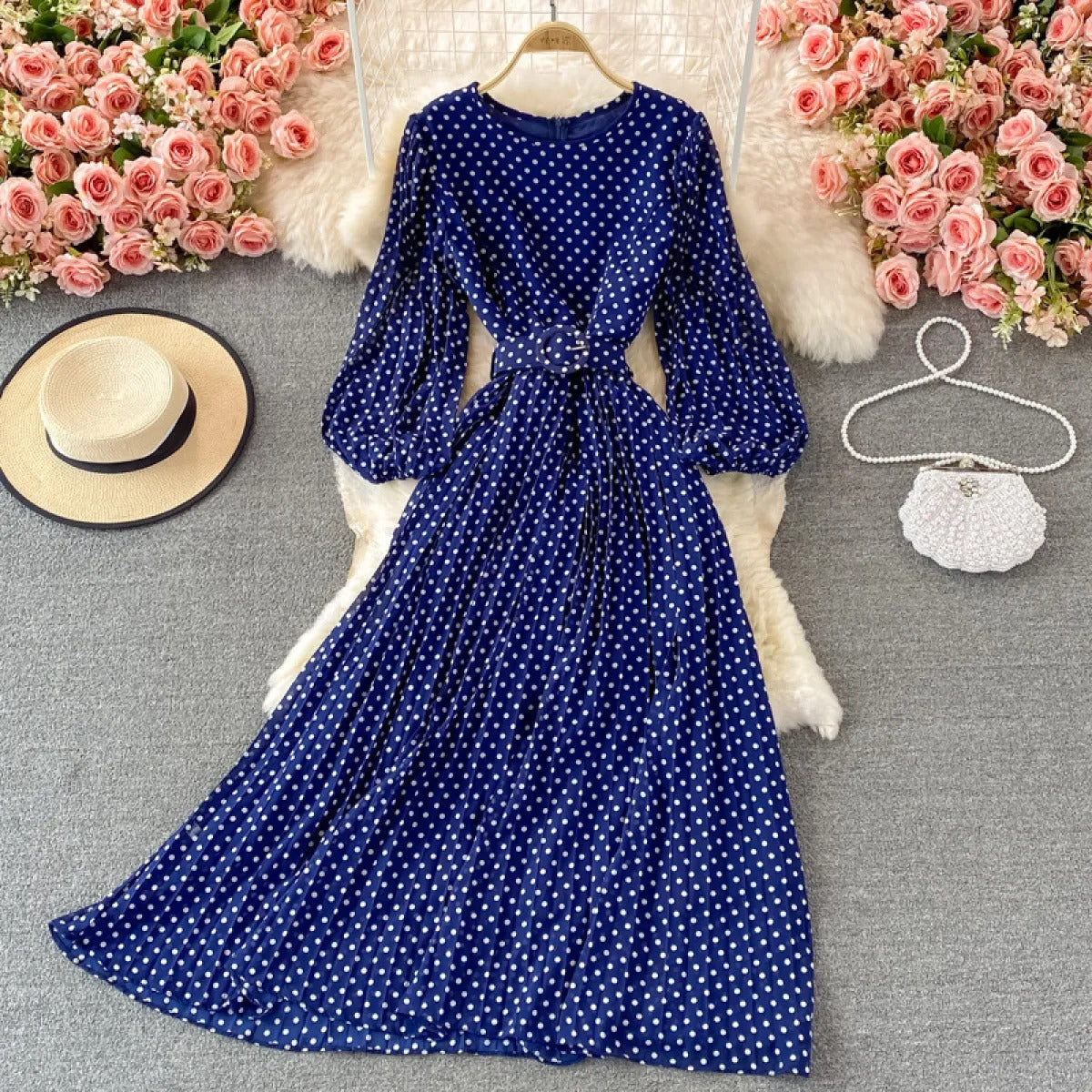Vestido largo para mujer lunares cinturón estilo elegante - Colette