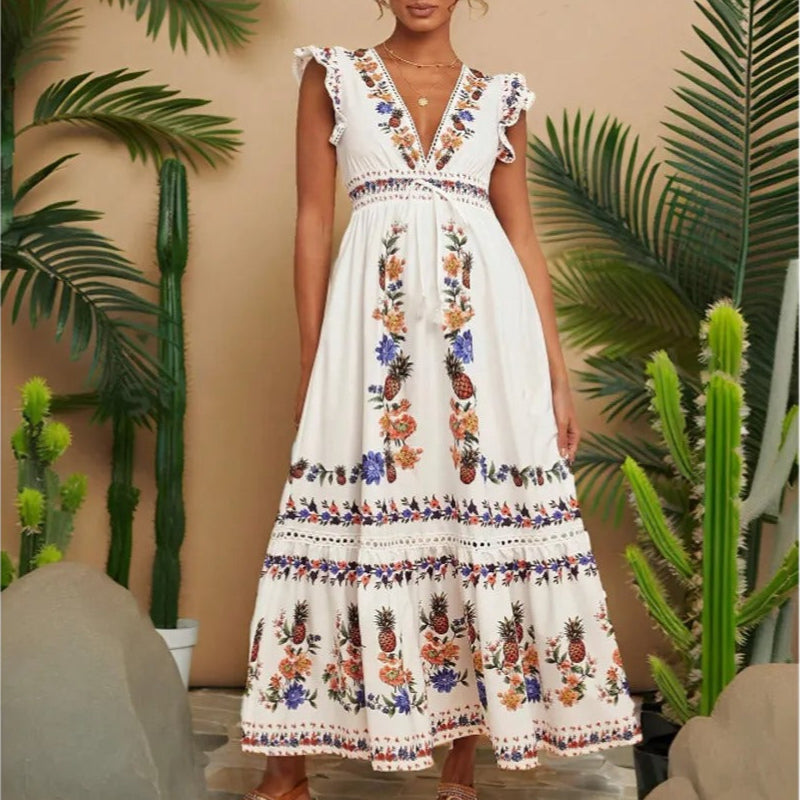 Vestido largo bordado bohemio mujer - Ameyal
