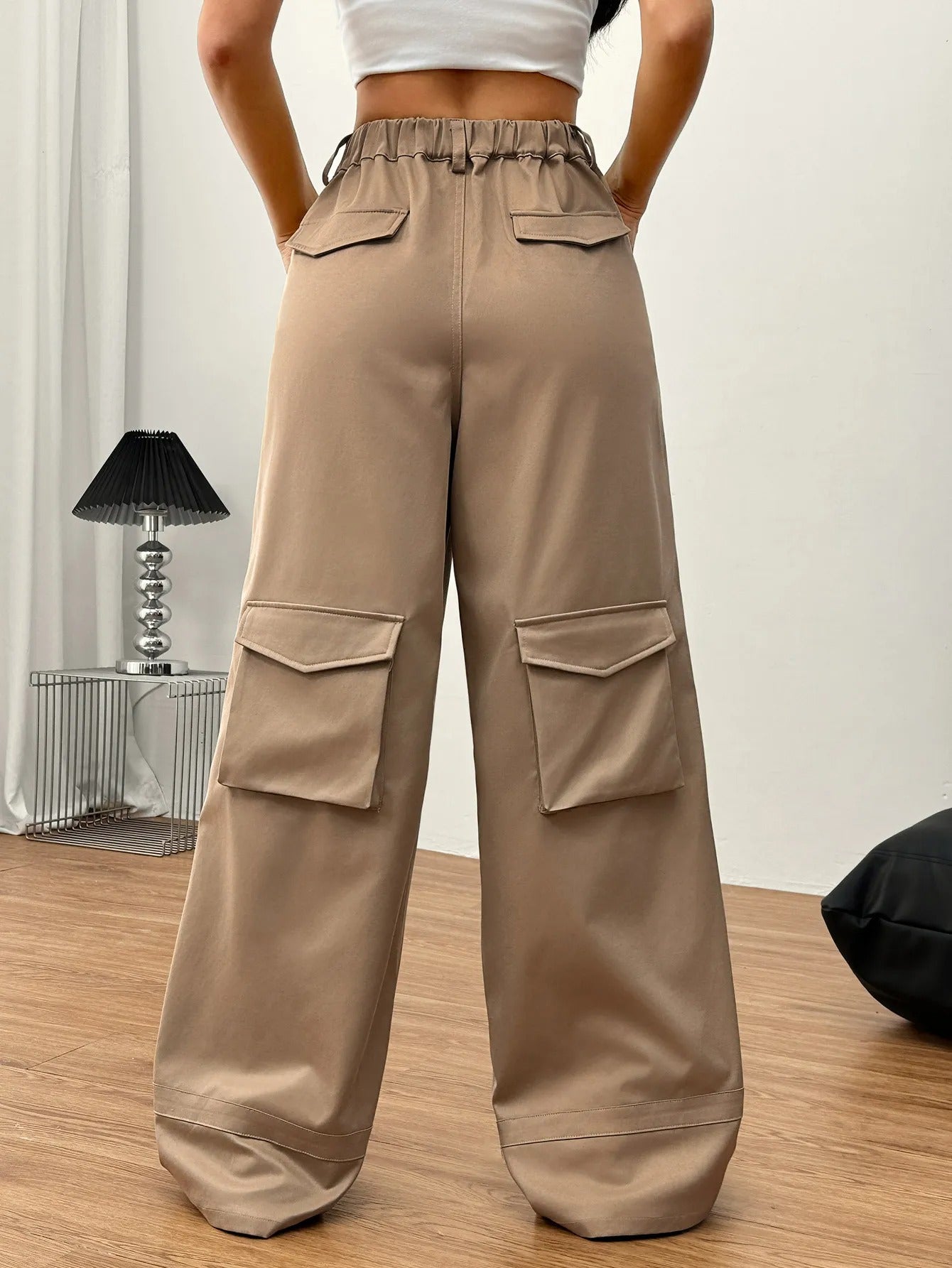 Pantalones cargo para mujer de algodón con bolsillos utilitarios estilo ancho - Abril