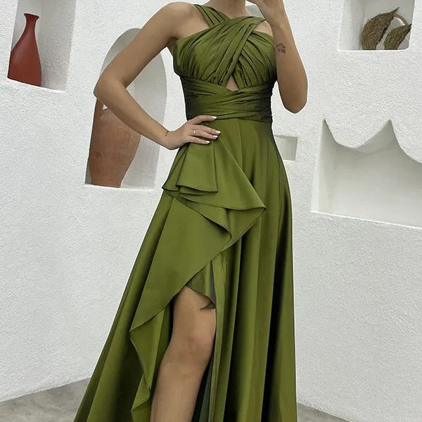 Vestido largo para mujer satinado plisado corte asimétrico - Natalia