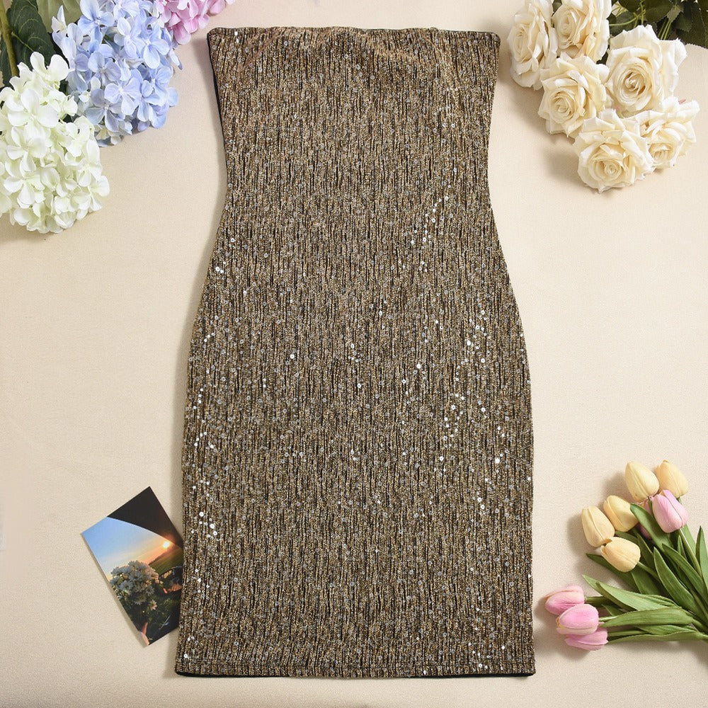 Vestido corto para mujer lentejuelas corte ajustado sin tirantes - Karla