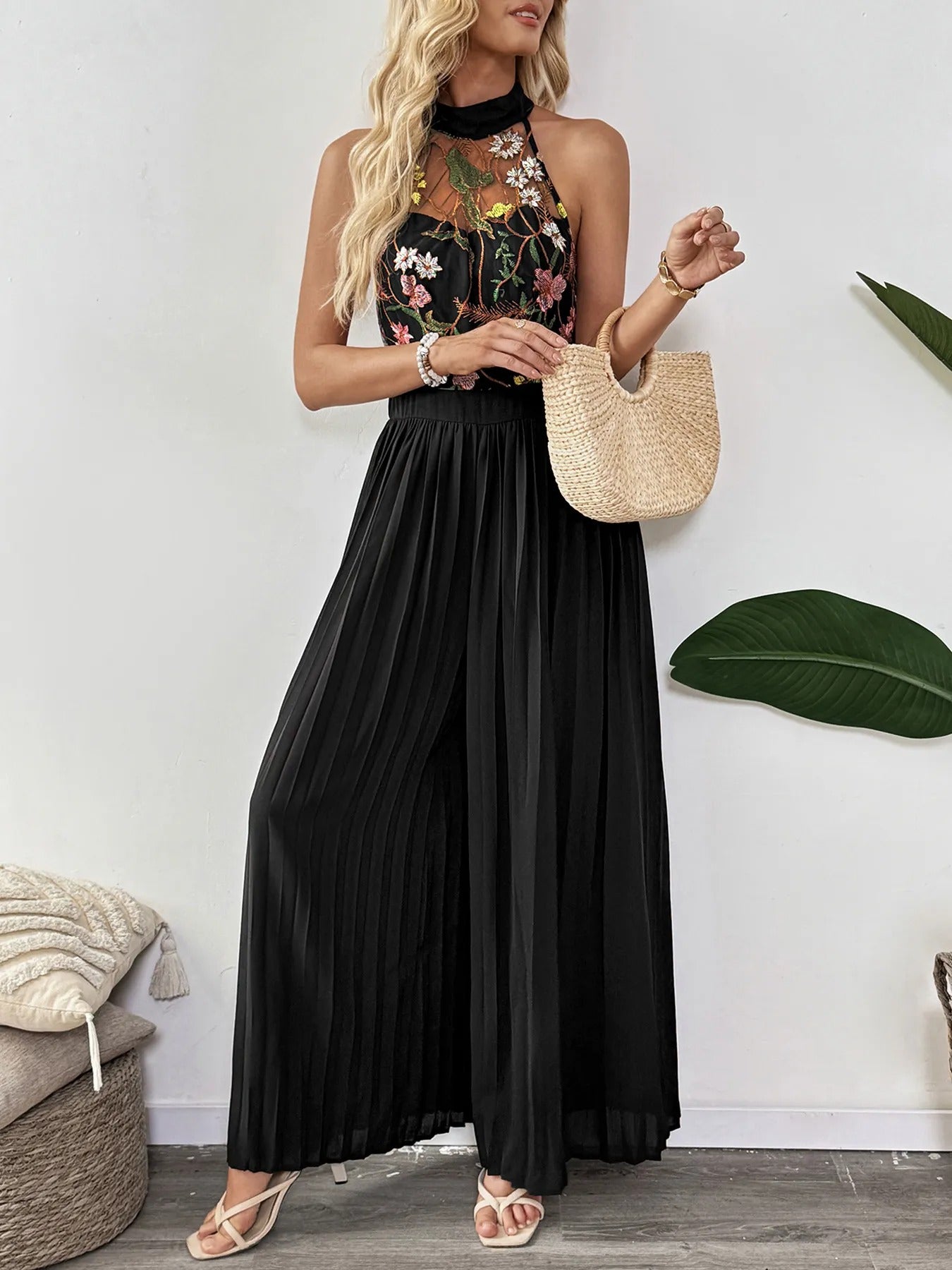 Mono para mujer con encaje bordado floral estilo palazzo - Irma