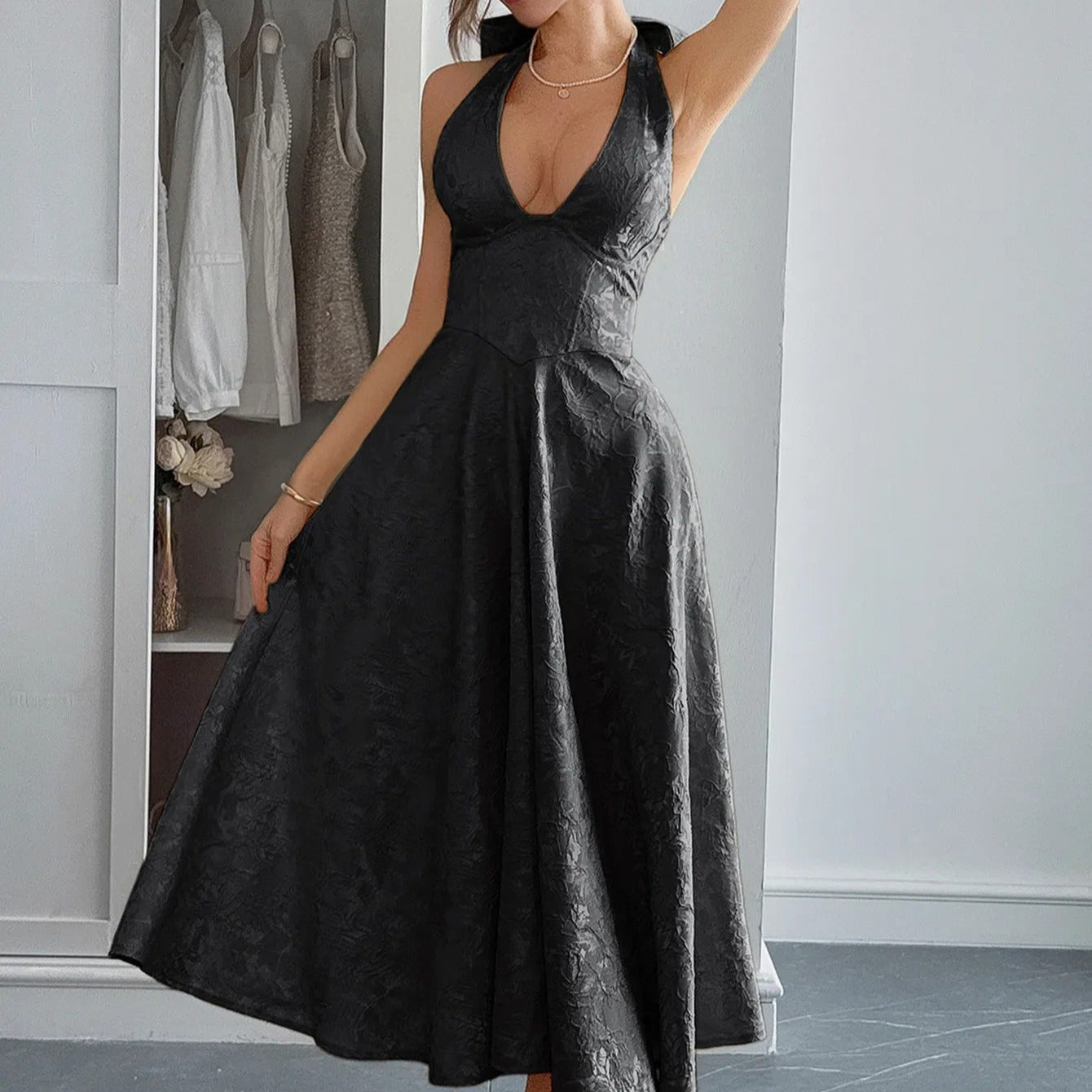 Vestido midi para mujer jacquard elegante escote halter - Mireille