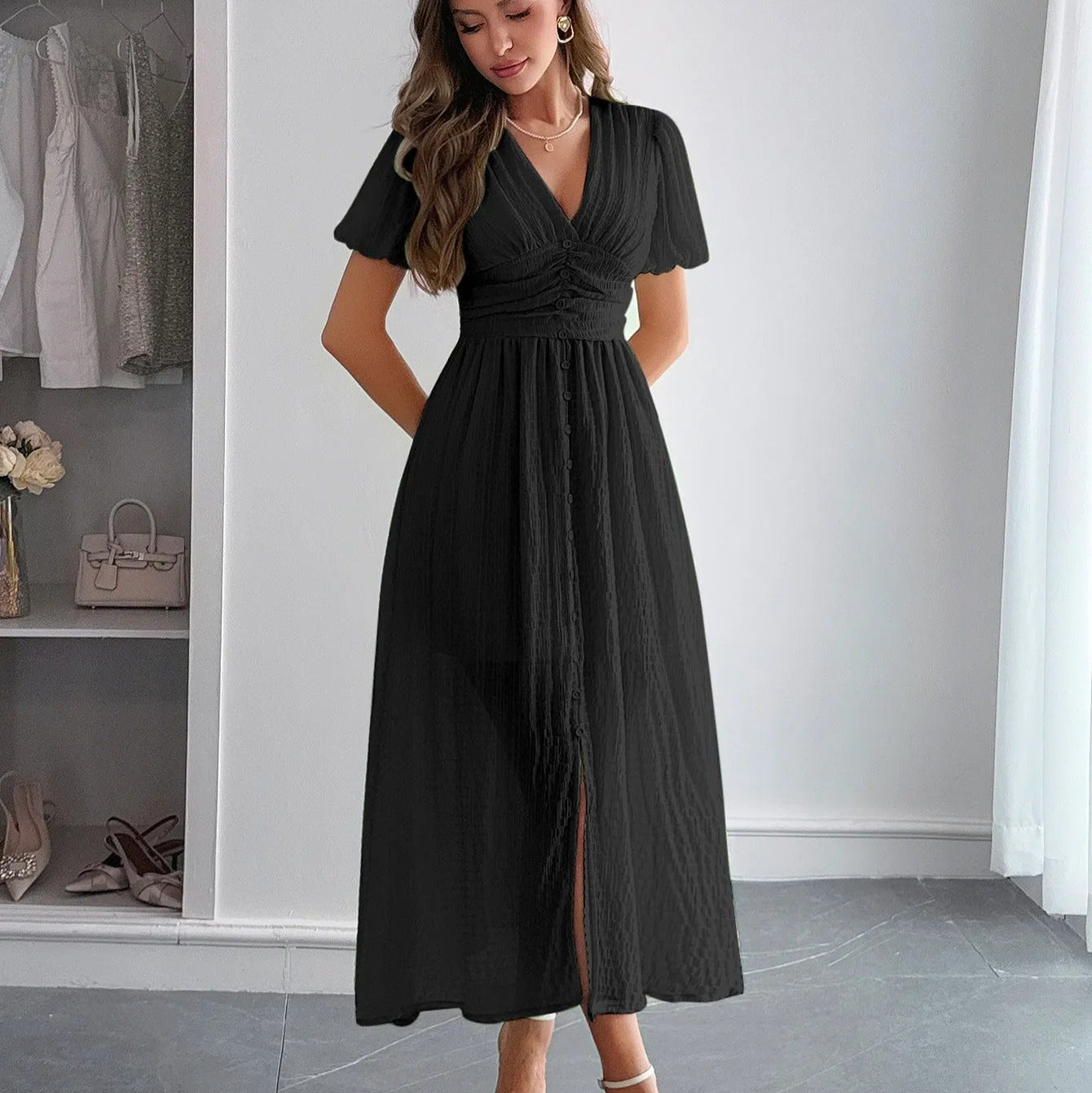 Vestido largo para mujer con escote cruzado estilo elegante con abertura frontal - Dalia