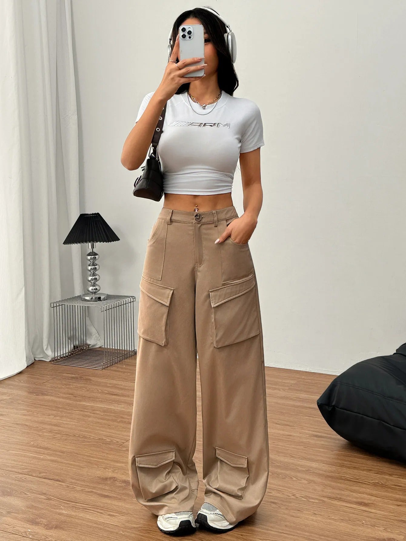 Pantalones cargo para mujer de algodón con bolsillos utilitarios estilo ancho - Abril