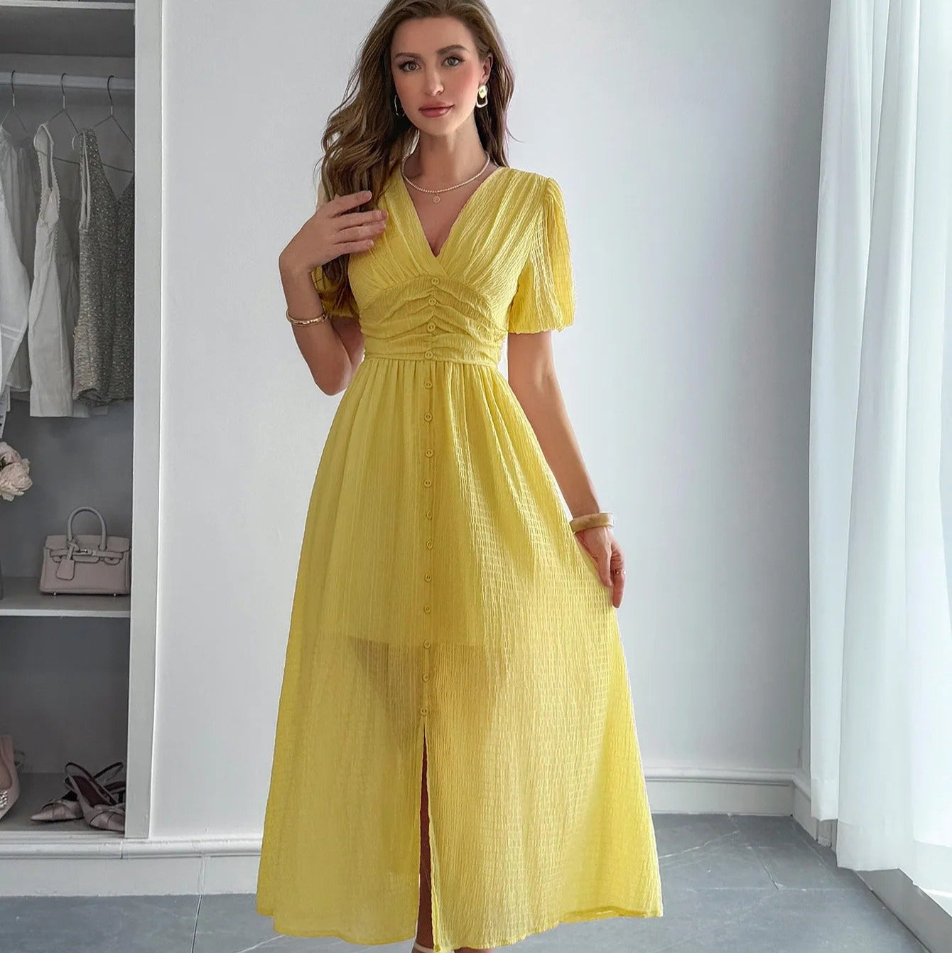 Vestido largo para mujer con escote cruzado estilo elegante con abertura frontal - Dalia