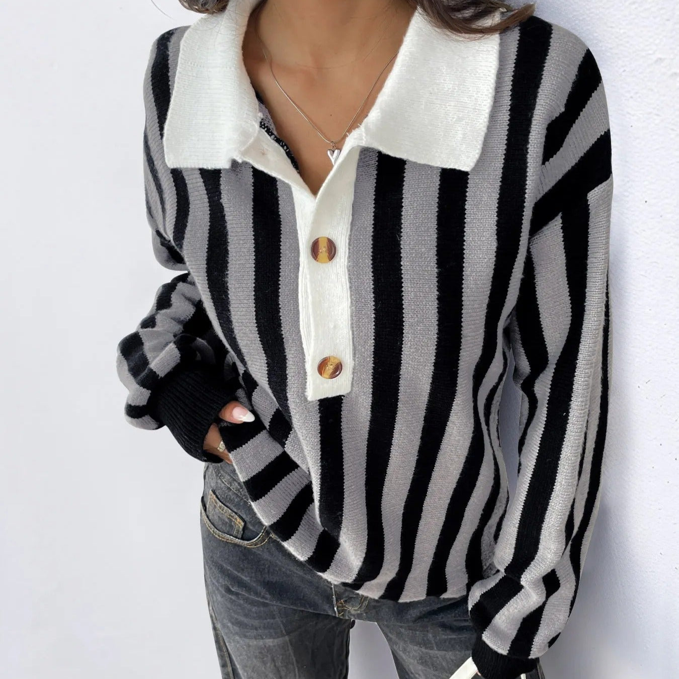 Jersey mujer rayas verticales cuello polo - Mirea