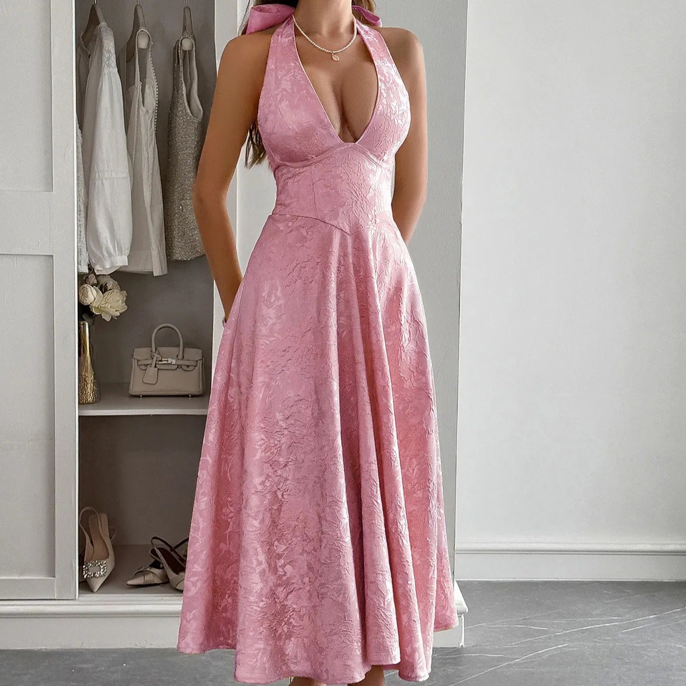 Vestido midi para mujer jacquard elegante escote halter - Mireille