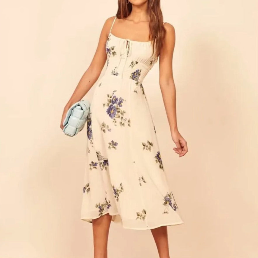 Vestido midi para mujer floral con tirantes finos y fruncido en cintura - Isadora