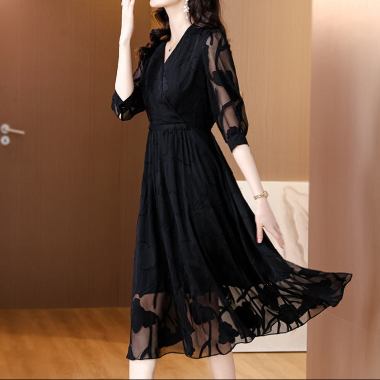 Vestido midi para mujer gasa floral mangas transparentes - Annelise