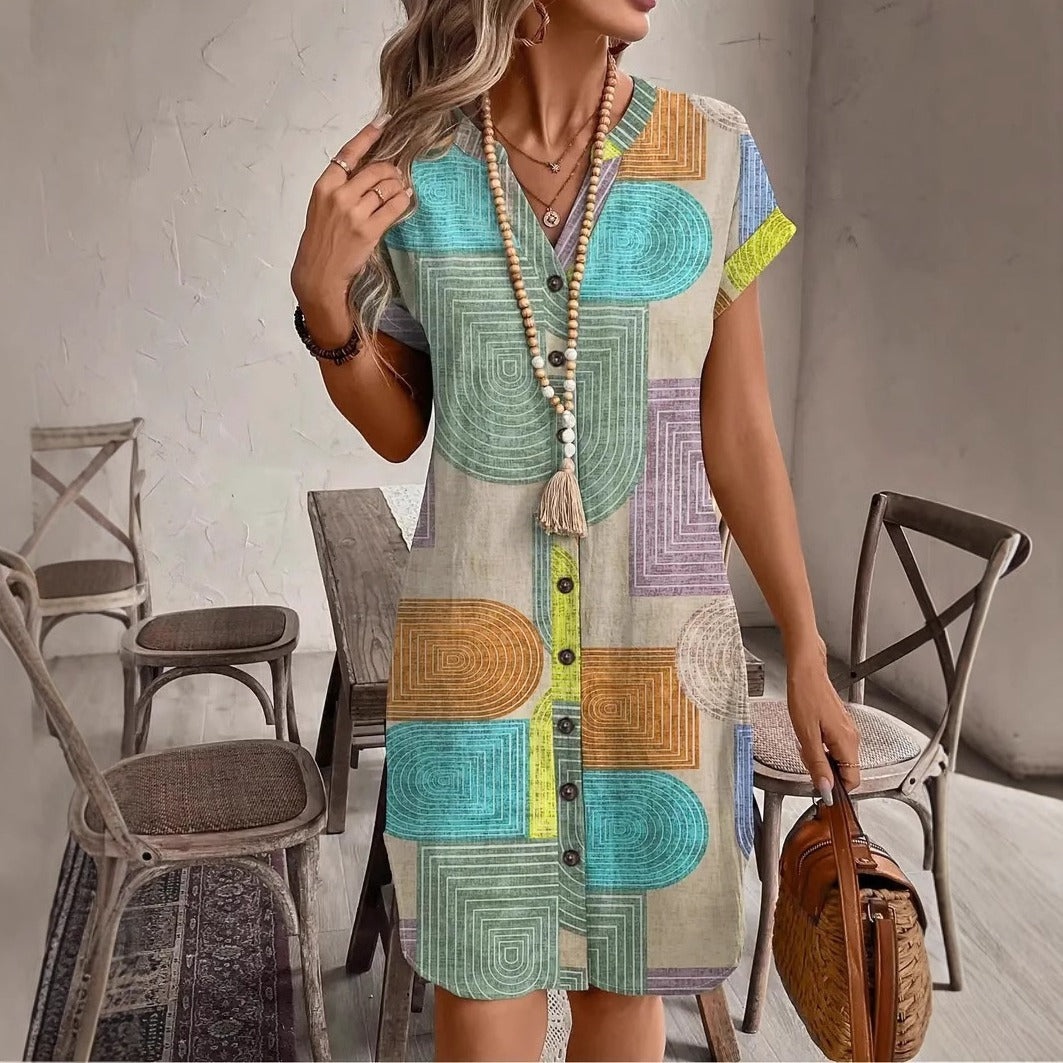 Vestido para mujer camisero bohemio con estampado geométrico - Galilea