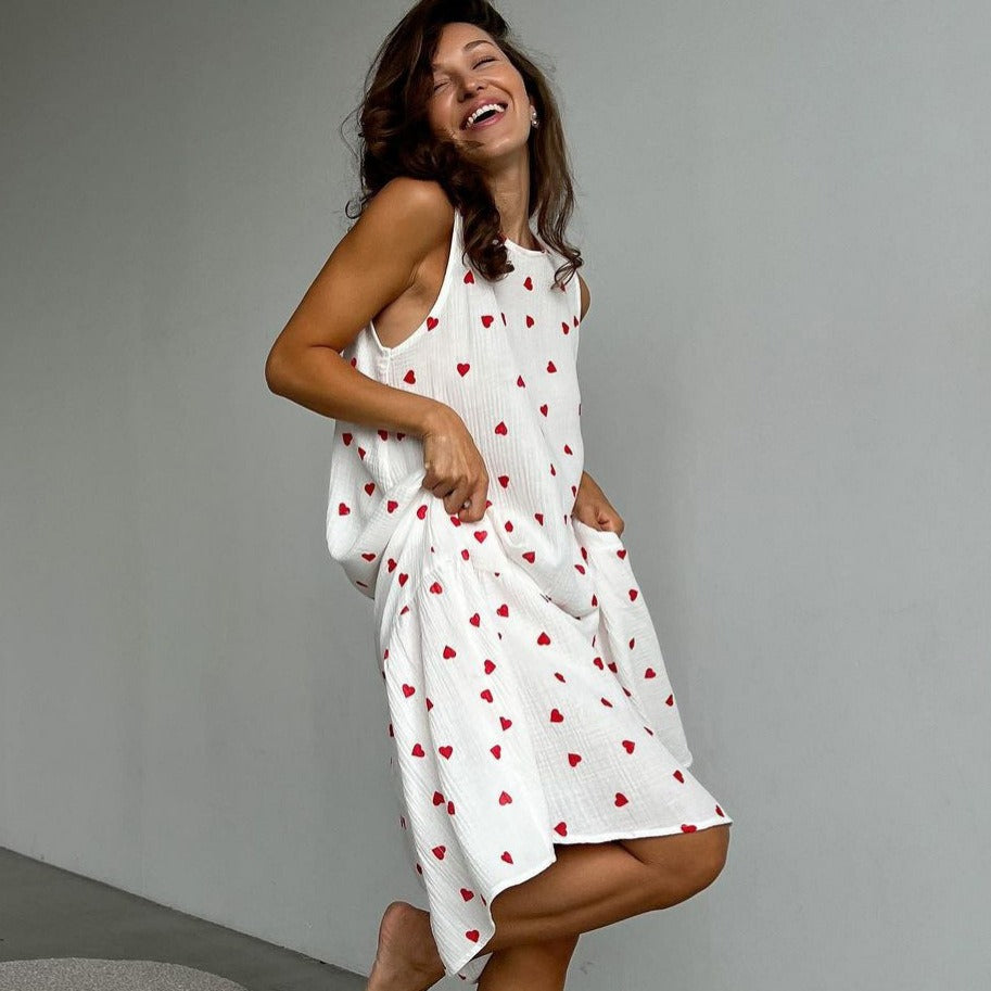 Vestido largo para mujer de algodón estampado corazones estilo sin mangas - Mieke