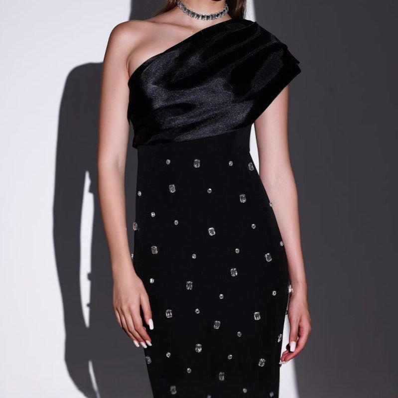 Vestido largo para mujer con pedrería escote asimétrico estilo elegante - Vianey