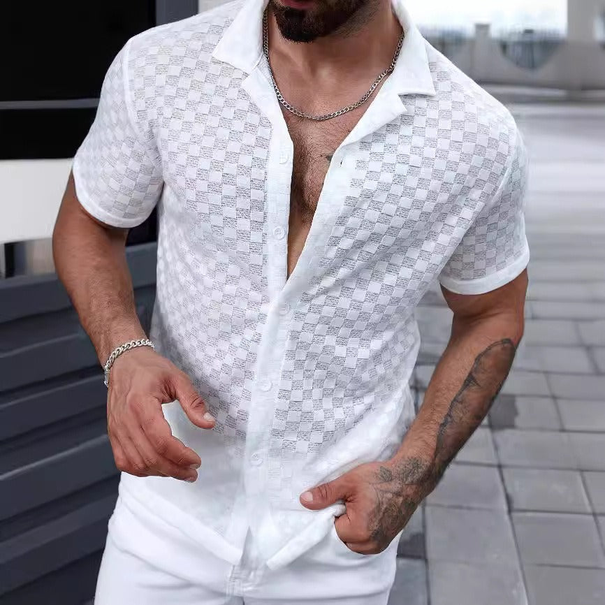 Camisa hombre manga corta semitransparente con patrón cuadros - Giulio
