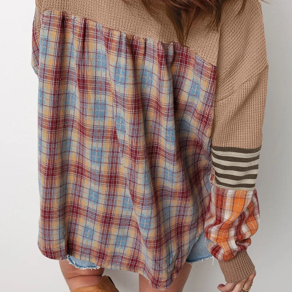 Sudadera mujer estilo patchwork manga a rayas y cuadros - Leona