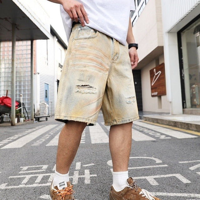 Pantalones cortos hombre denim desgastado de pierna ancha - Elías