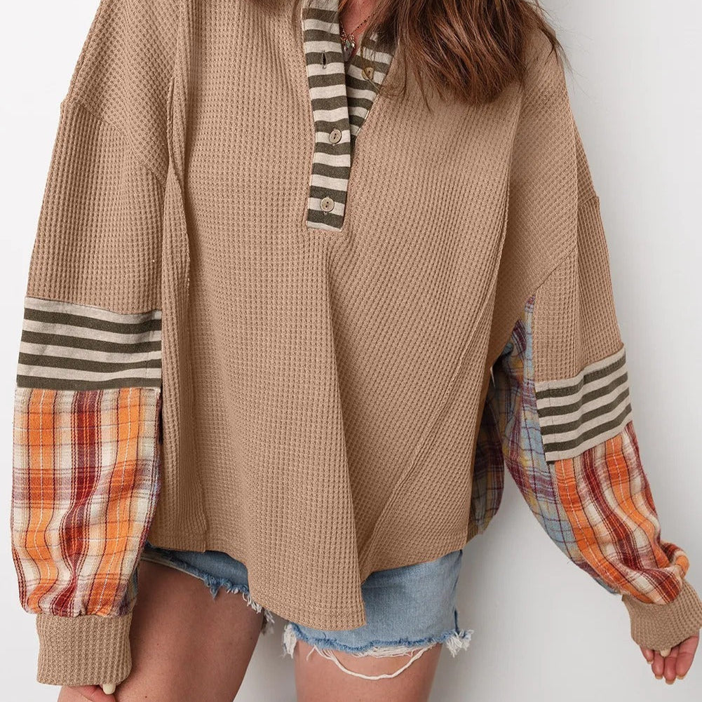 Sudadera mujer estilo patchwork manga a rayas y cuadros - Leona