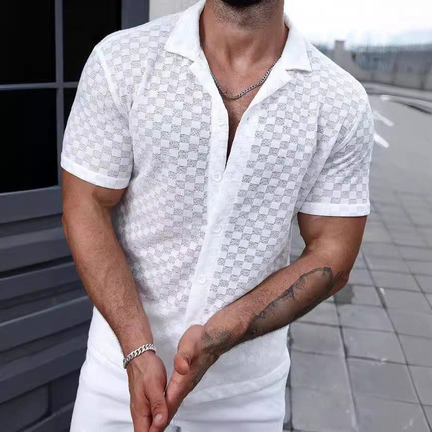Camisa hombre manga corta semitransparente con patrón cuadros - Giulio
