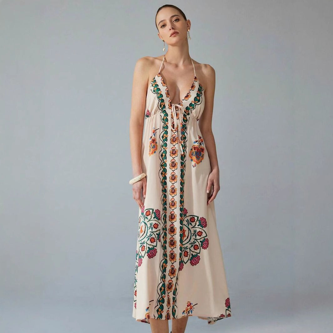 Vestido largo escote halter bordado floral - Elara