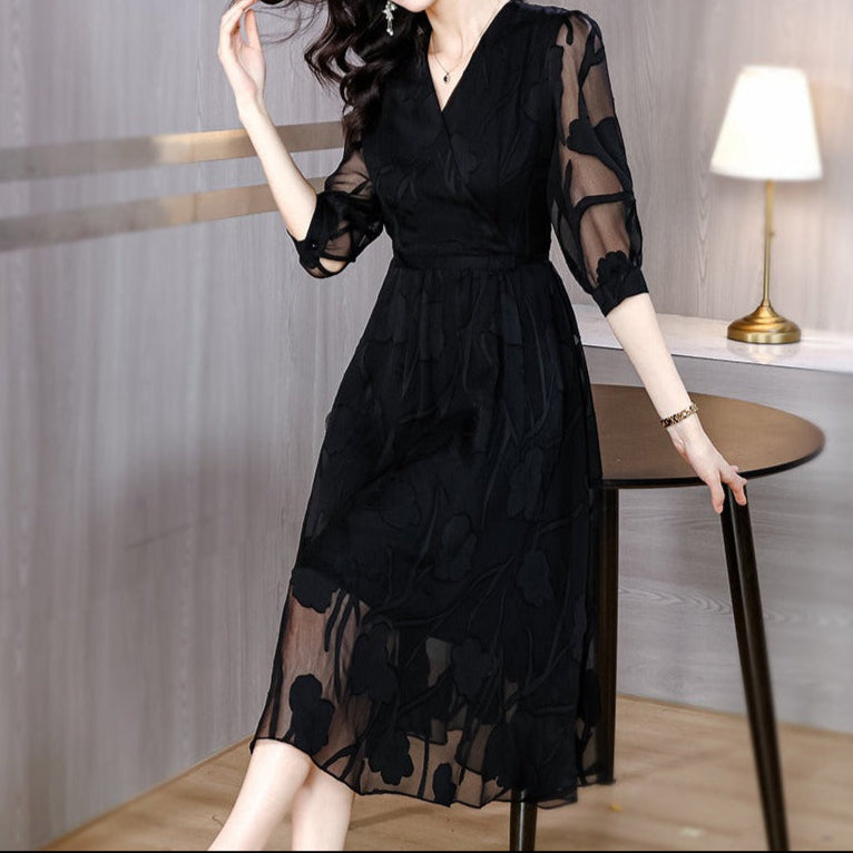 Vestido midi para mujer gasa floral mangas transparentes - Annelise