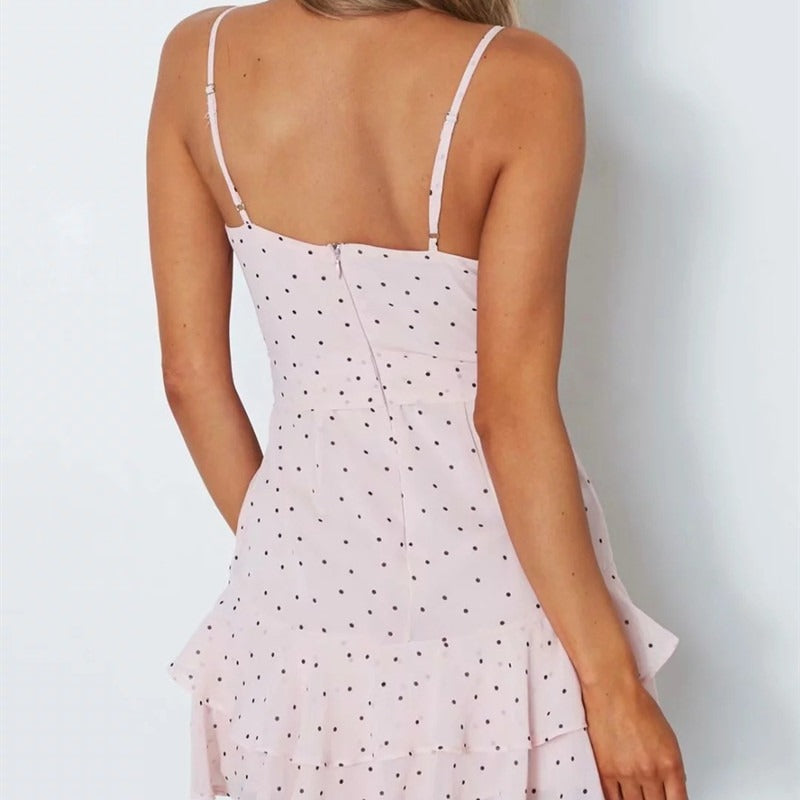 Vestido corto para mujer estampado de lunares con volantes estilo cruzado - Abril