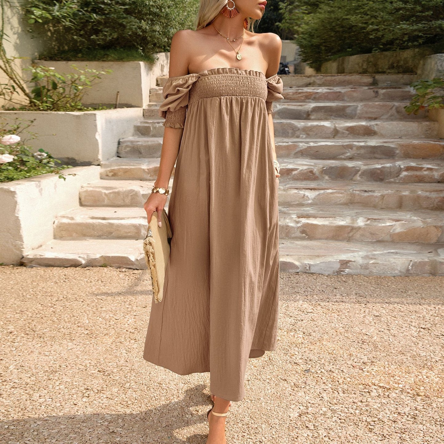Vestido largo para mujer escote bardot nido de abeja estilo bohemio – Dafne