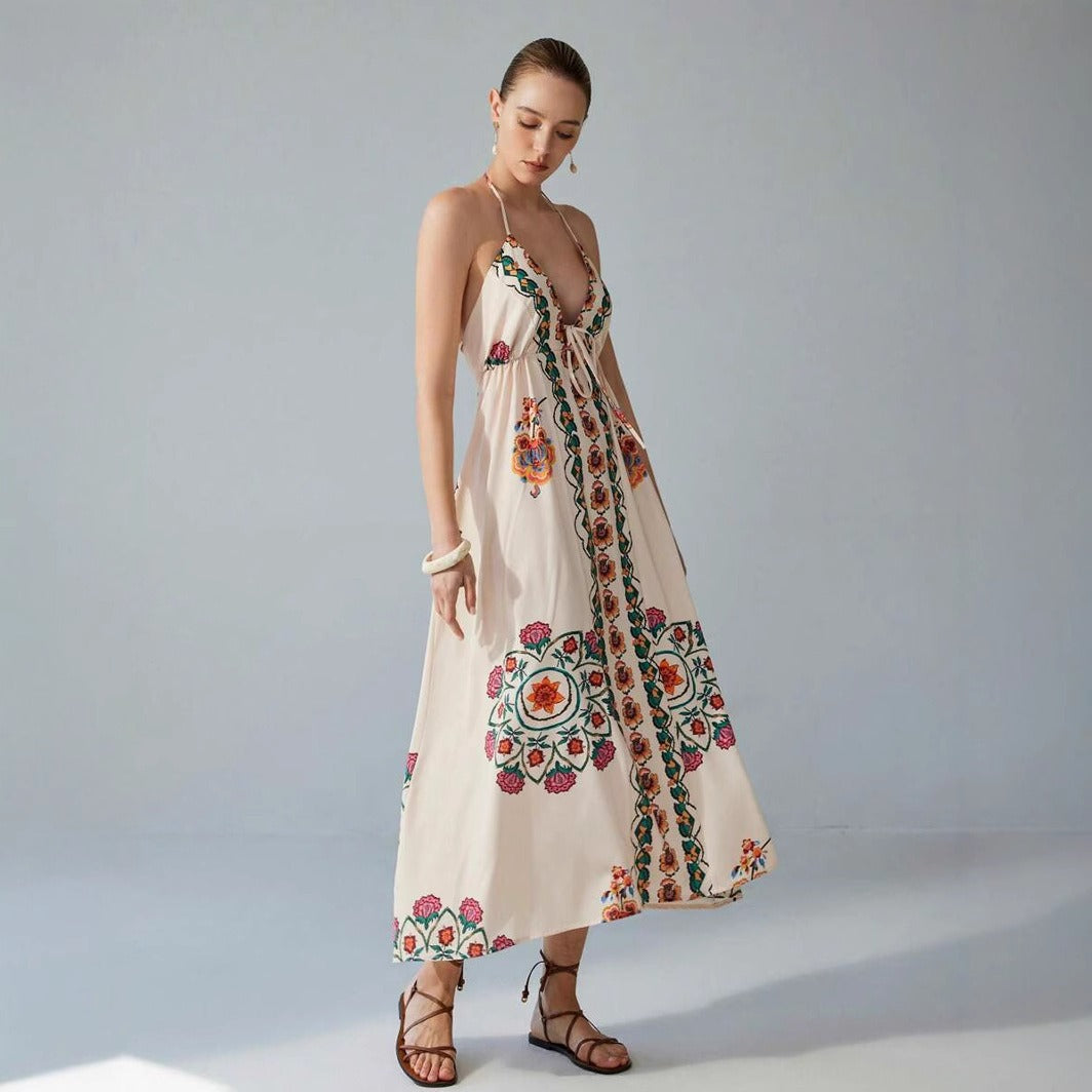 Vestido largo escote halter bordado floral - Elara