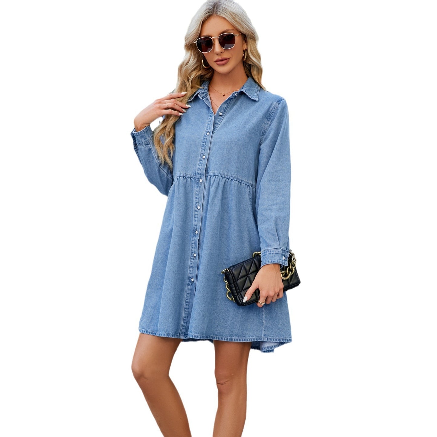 Vestido corto para mujer denim de algodón estilo camisero - Brigitte