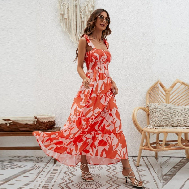 Vestido largo para mujer de tirantes anudados nido de abeja - Estrella