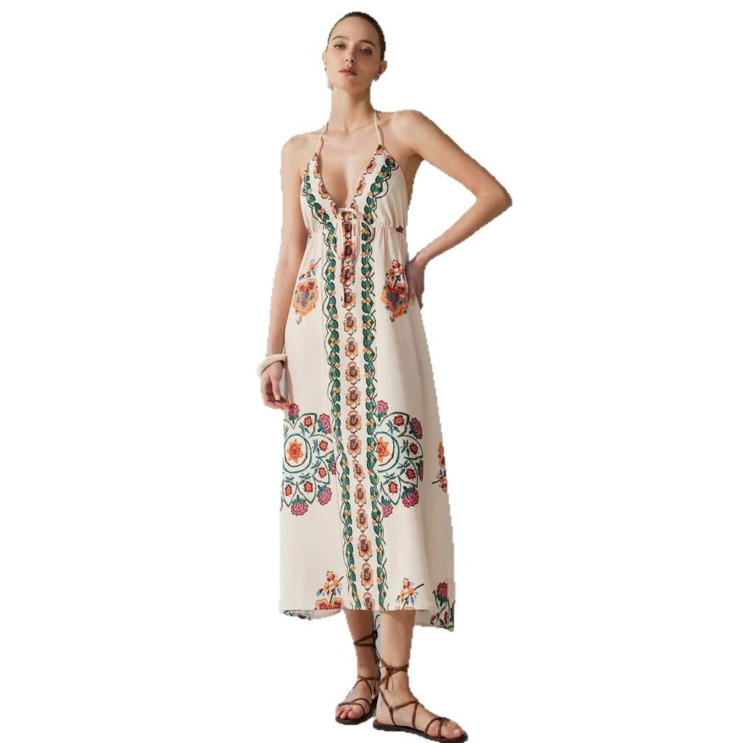 Vestido largo escote halter bordado floral - Elara