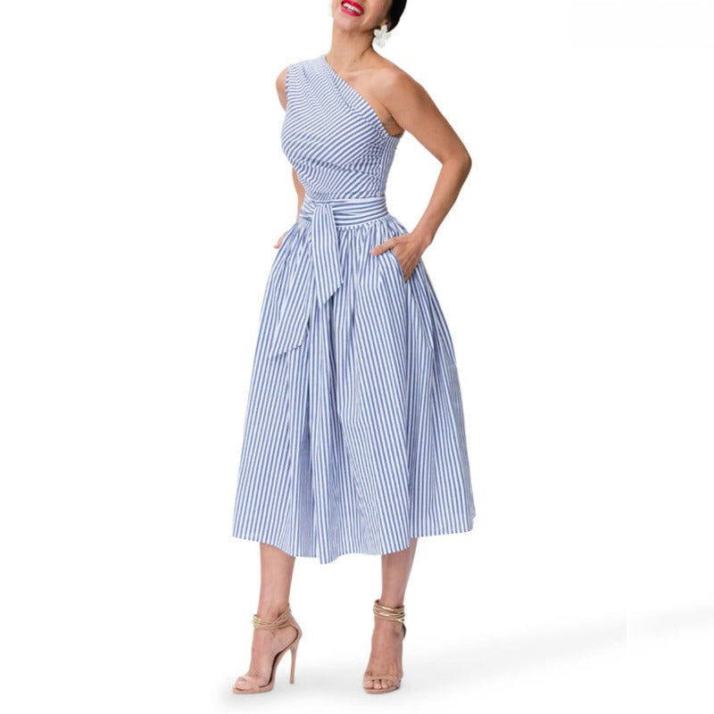 Vestido midi para mujer de rayas finas escote asimétrico - Berenice